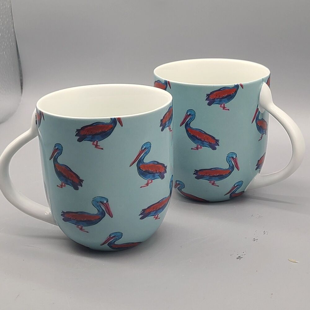 Set (2) Fabienne Chapot Pelican Ceramic Coffee Mugs Cups 14 oz Netherlands New